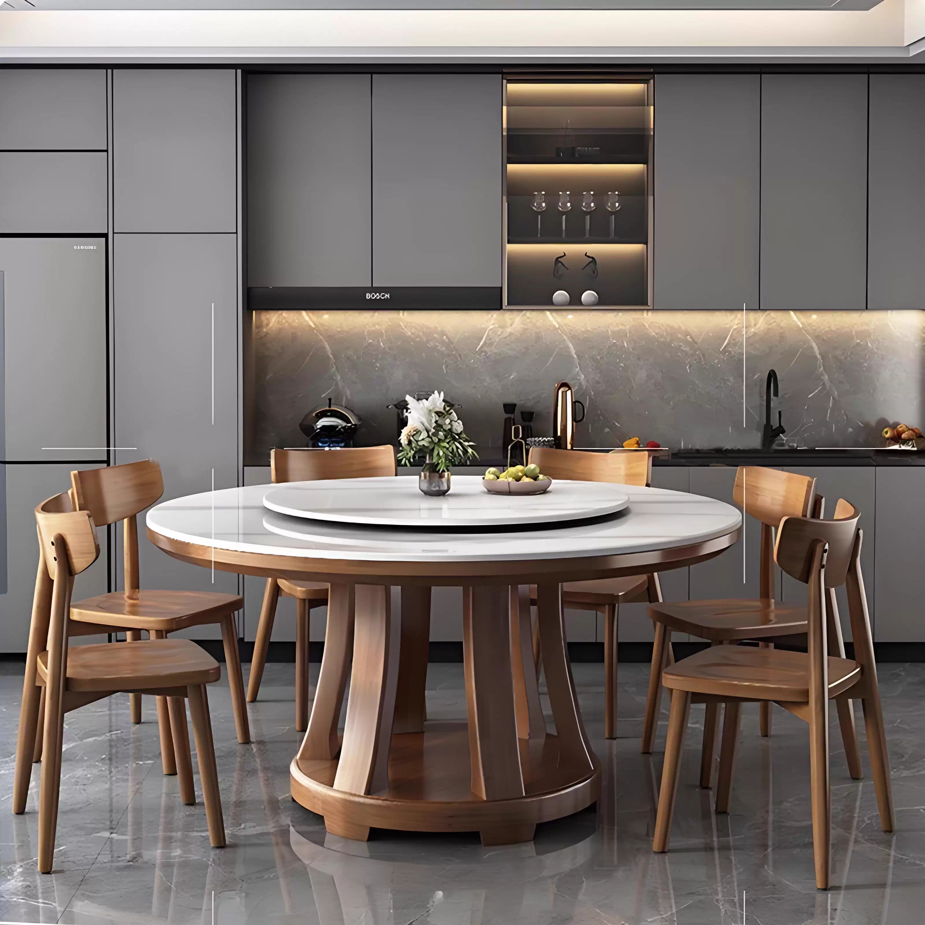 Light Luxury Sintered Stone Dining Table and Chairs Set, Modern Minimalist Small Apartment Household Dining Table, Round with Turntable, Solid Wood Large Round Table MT-A26