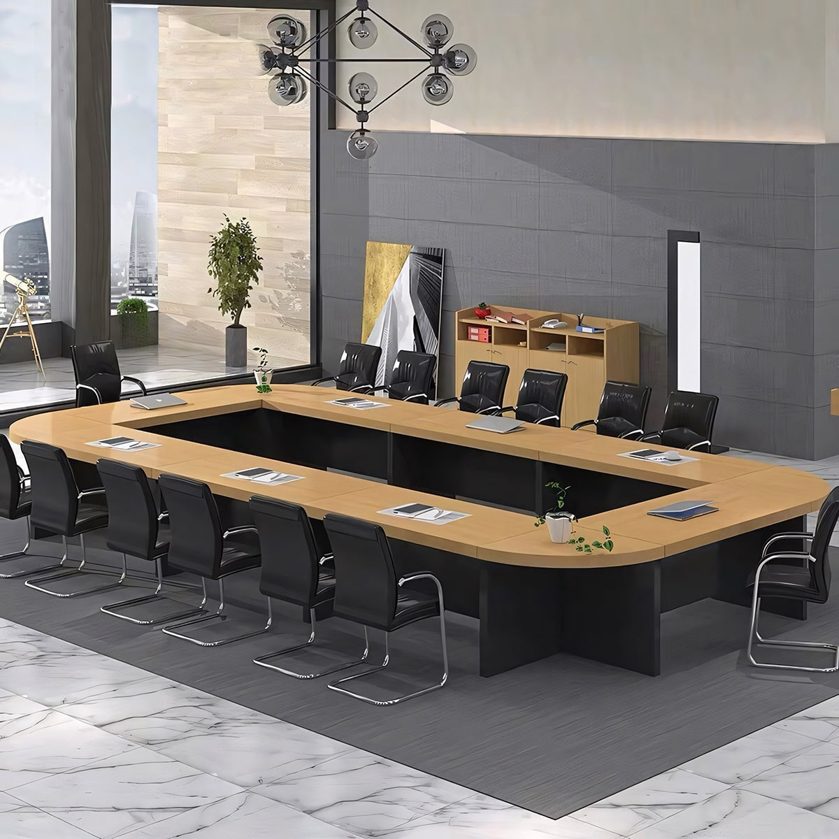 Large conference table, negotiation table, wood grain finish, customizable, rounded corner design, with back panel, available in black, white, and brown, Model MT-A29