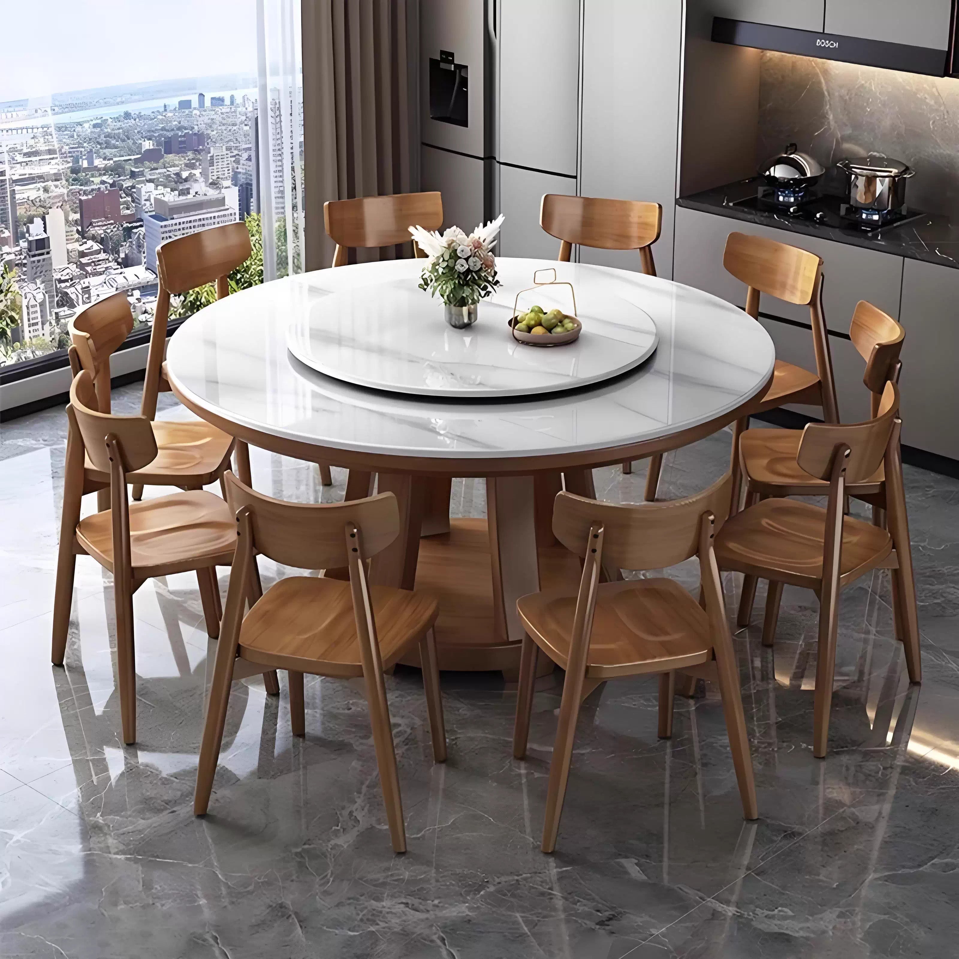Light Luxury Sintered Stone Dining Table and Chairs Set, Modern Minimalist Small Apartment Household Dining Table, Round with Turntable, Solid Wood Large Round Table MT-A26