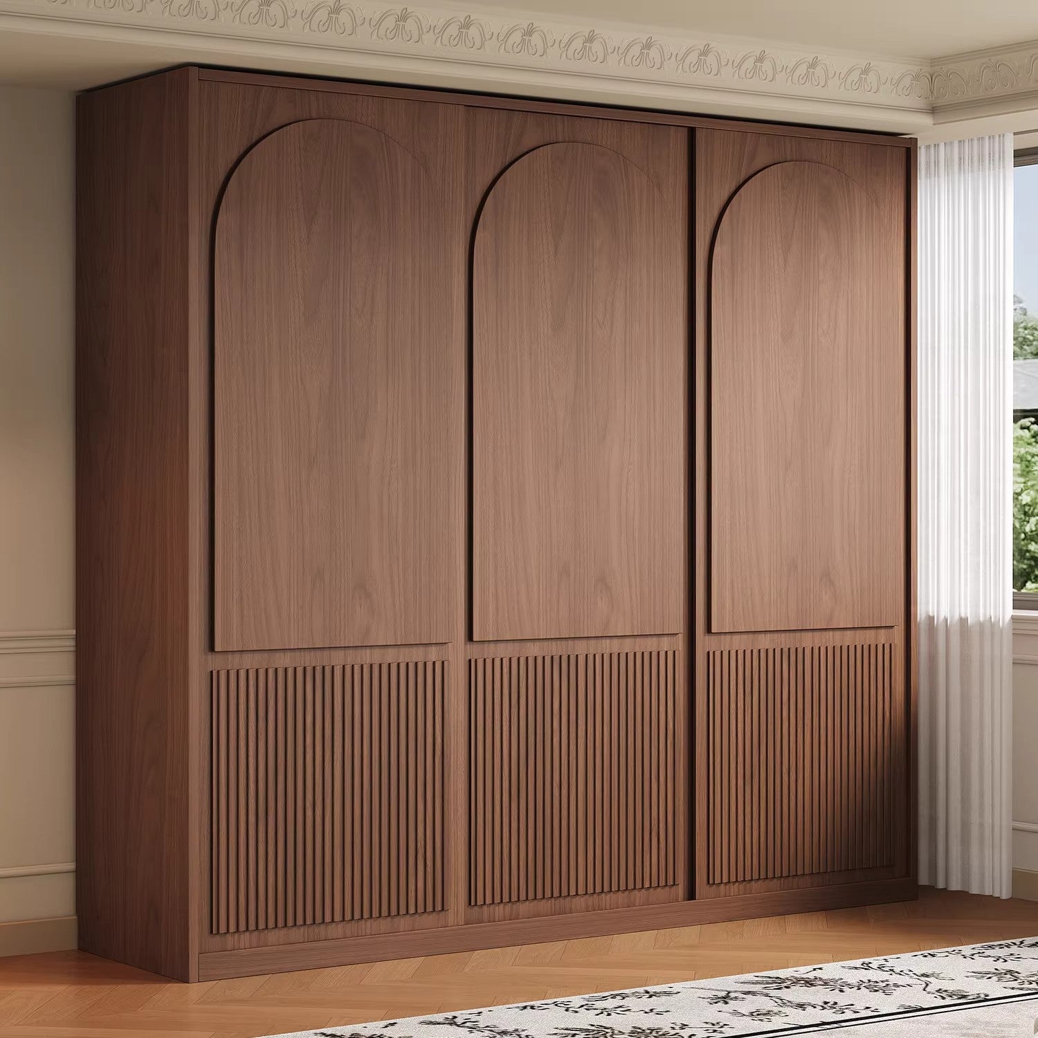 橡木全實木衣櫥移門櫃家用臥室新款法式中古風推拉門胡桃色衣櫃YTG-A02