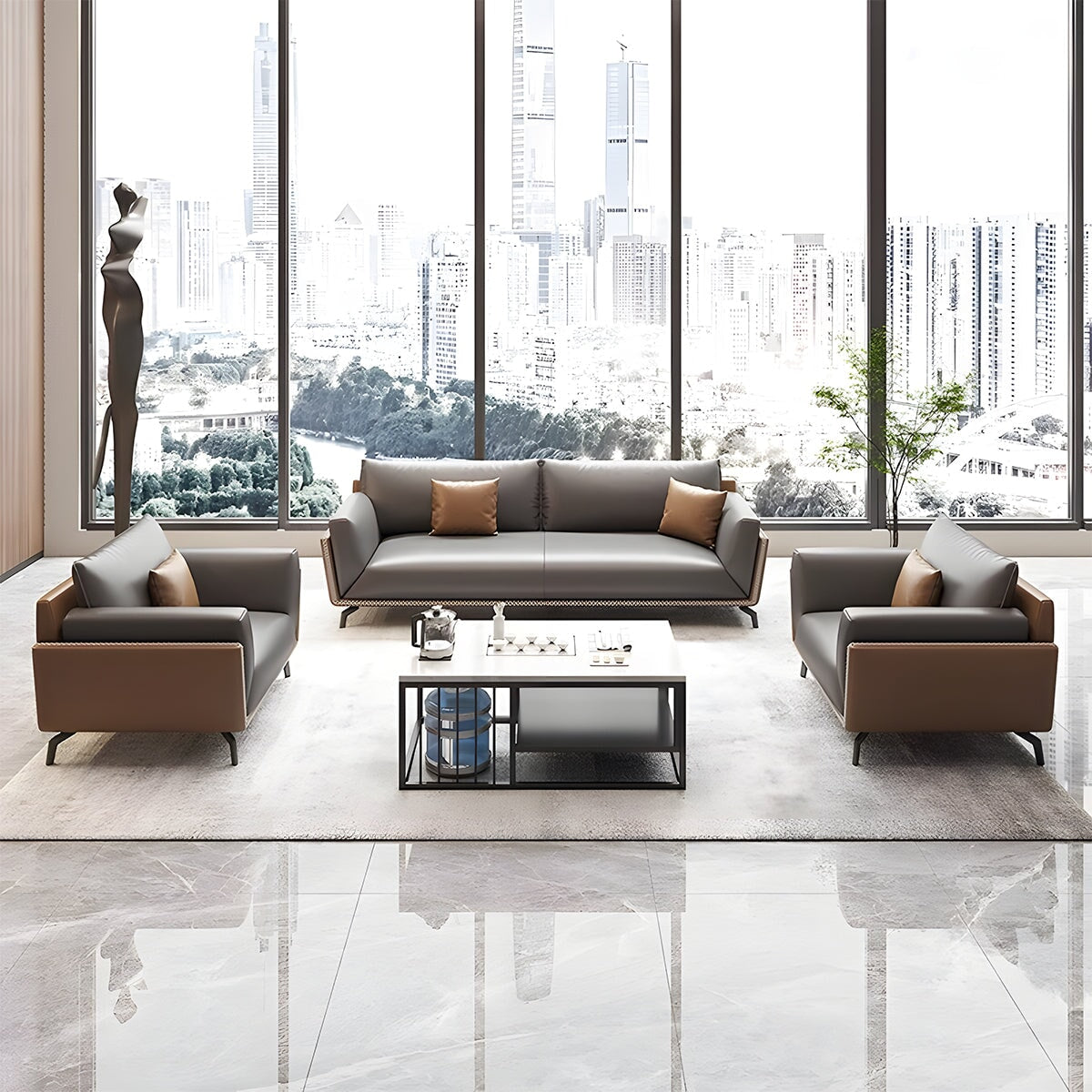 応接ソファ ソファー オフィスソファー 受付ソファー 待合室 応接室 2人掛け モダン PUレザー 天然木フレーム ラテックス 耐久性 グレー カスタマイズ可能 OS-A16