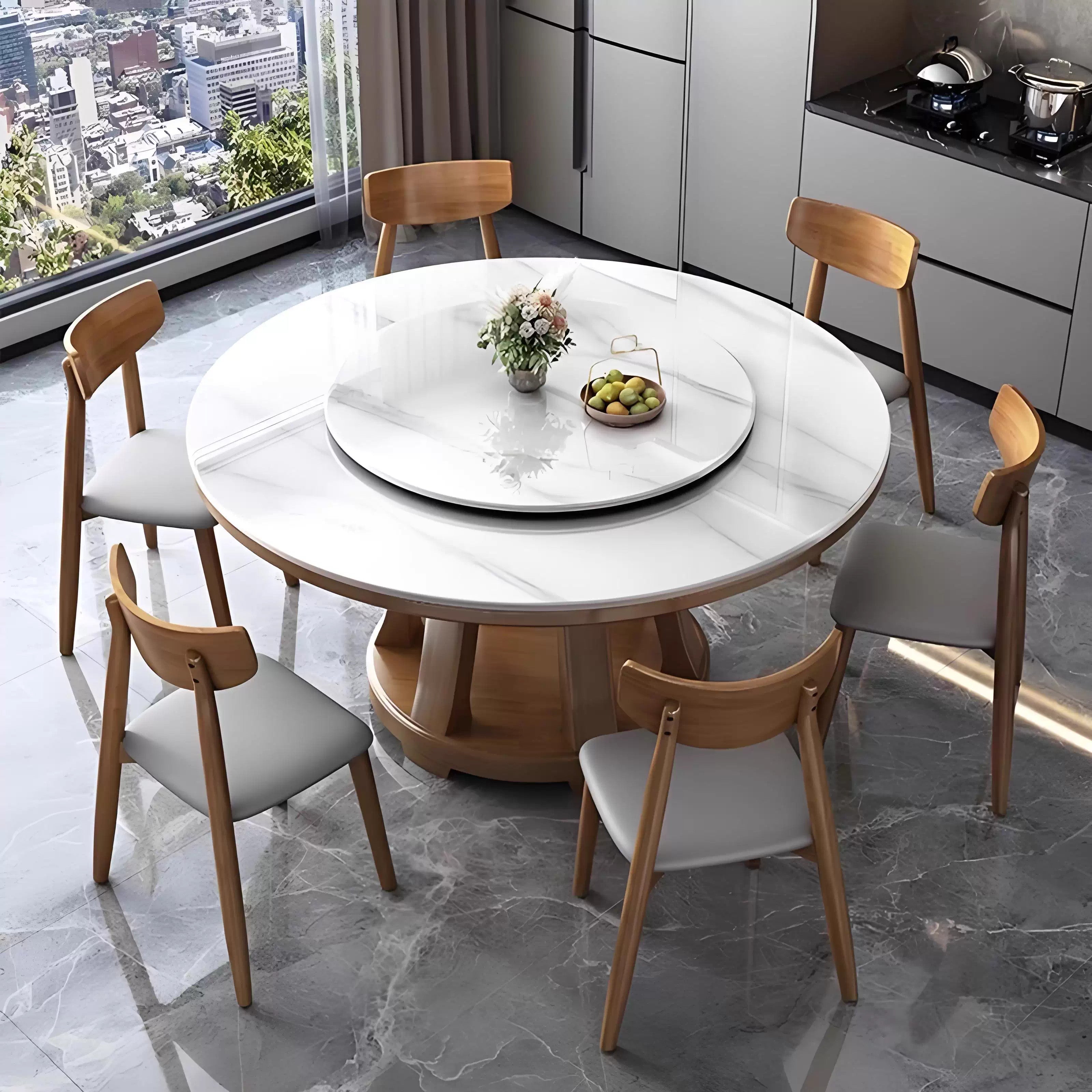 Light Luxury Sintered Stone Dining Table and Chairs Set, Modern Minimalist Small Apartment Household Dining Table, Round with Turntable, Solid Wood Large Round Table MT-A26