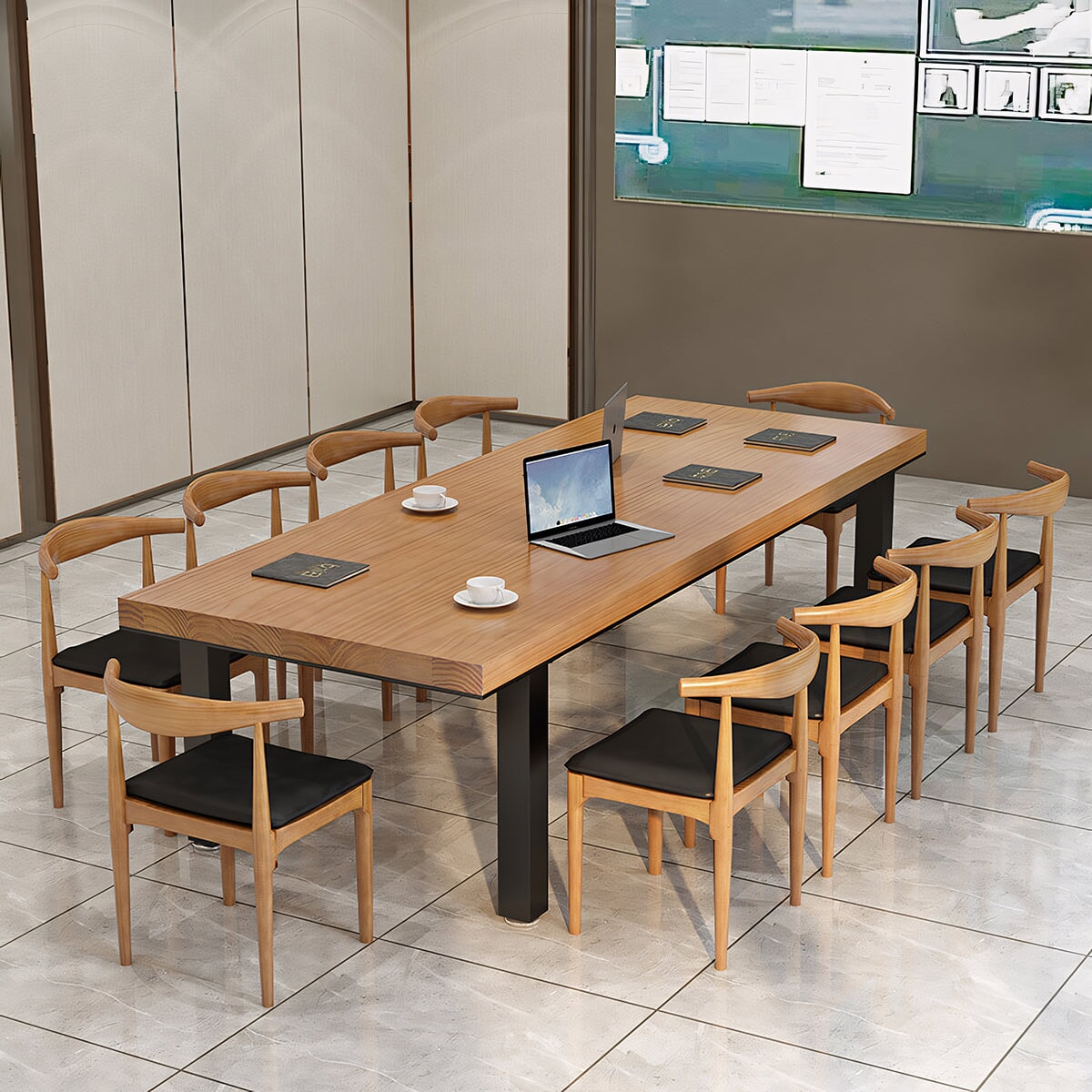 Conference table, business negotiation table, flat office desk, wood grain finish, natural wood, iron legs, spacious, minimalist, natural, customizable, MT-A32