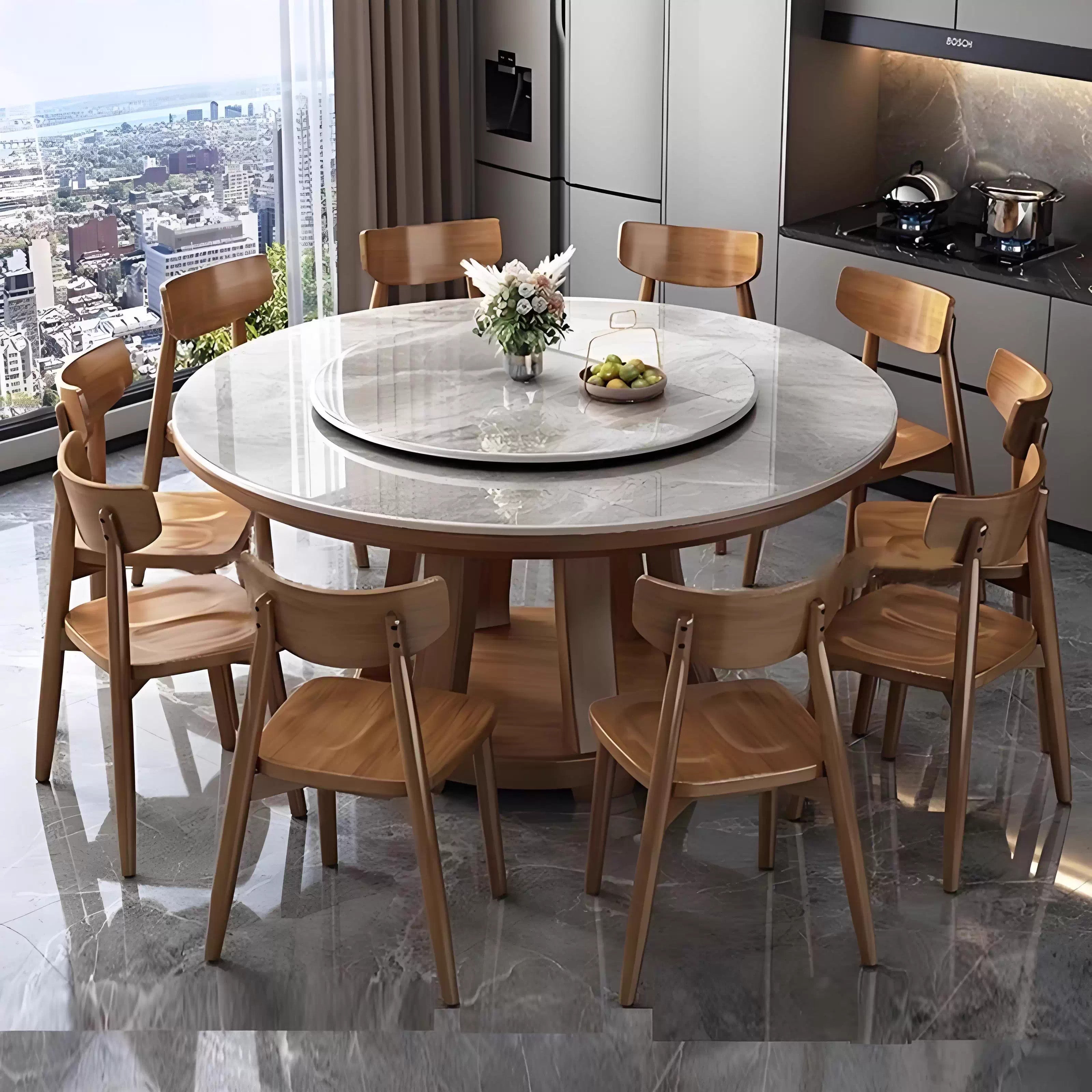 Light Luxury Sintered Stone Dining Table and Chairs Set, Modern Minimalist Small Apartment Household Dining Table, Round with Turntable, Solid Wood Large Round Table MT-A26