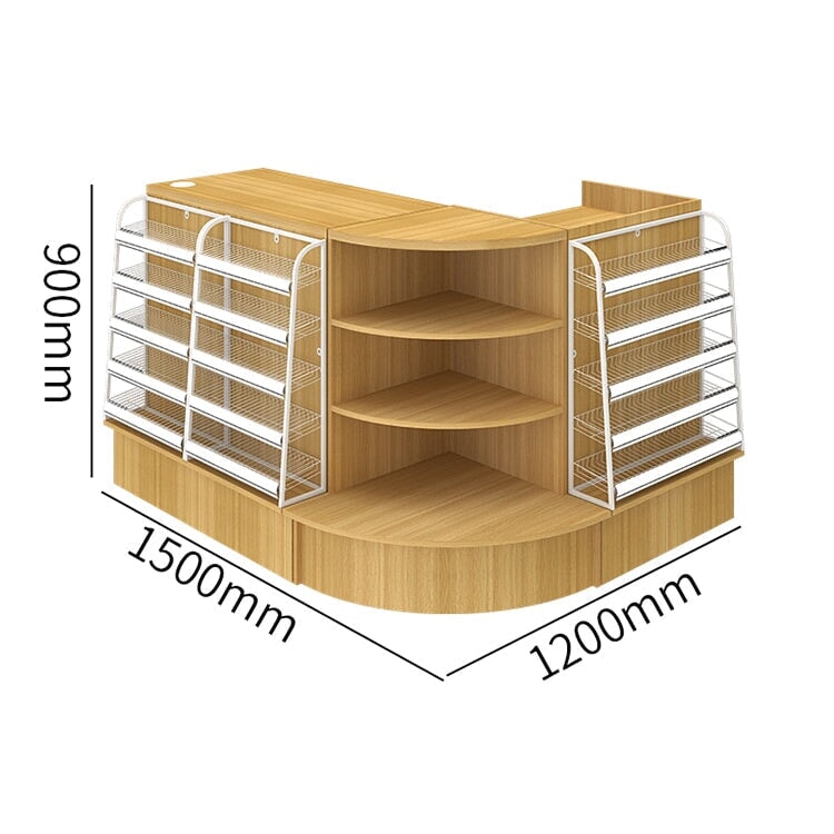 帶展示架的櫃檯、接待台、收銀台、產品展示台,適用於商店,高密度纖維板,經久耐用,提高空間利用率,L形頂部,抽屜,帶鎖,圓柱鎖,自然色,可定制,RD-A9