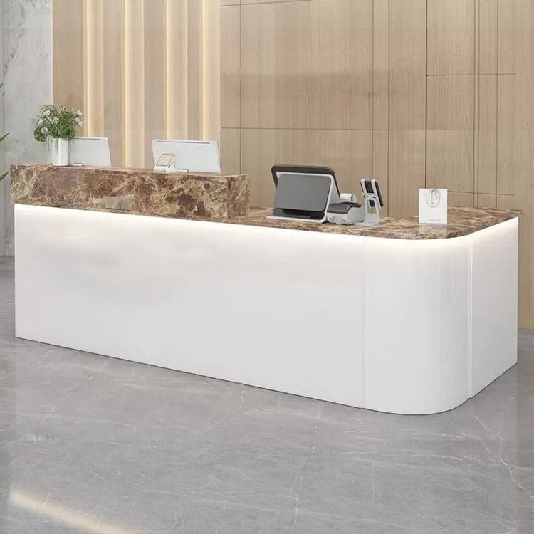 高品質接待台,圓潤造型,附LED顯示器、可上鎖抽屜和走線孔,白色大理石飾面,RD-A36