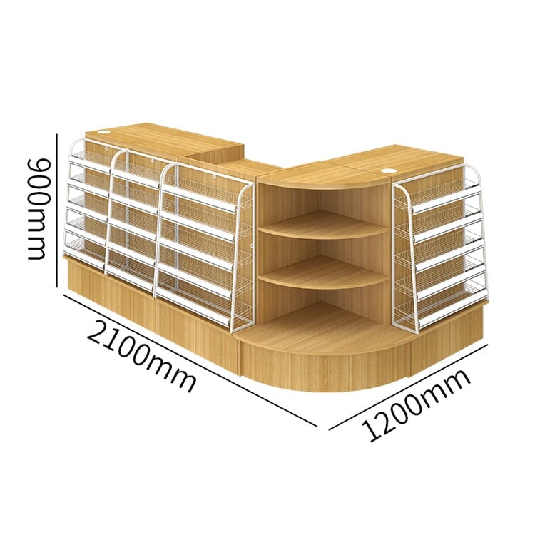 帶展示架的櫃檯、接待台、收銀台、產品展示台,適用於商店,高密度纖維板,經久耐用,提高空間利用率,L形頂部,抽屜,帶鎖,圓柱鎖,自然色,可定制,RD-A9