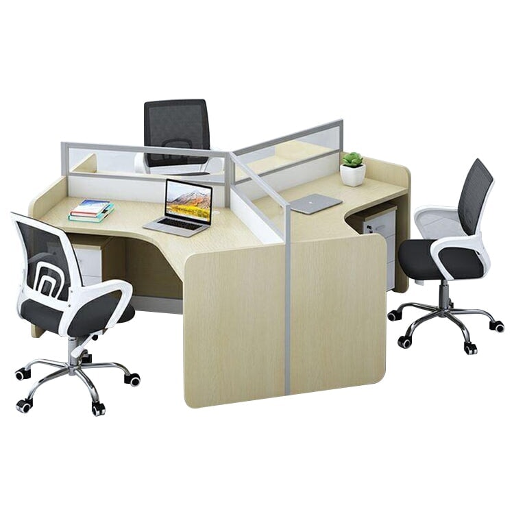 時尚辦公桌,可容納多人,V 型桌面帶隔間,三聚氰胺貼面,鋁合金框架,帶走線孔,楓木白,可定制,OD-A3