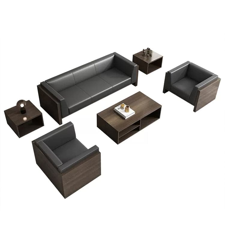 豪華商務沙發套裝,含茶几,採用皮革軟墊、納帕皮革、三聚氰胺貼皮、聚氨酯泡棉和木紋飾面。 OS-A4