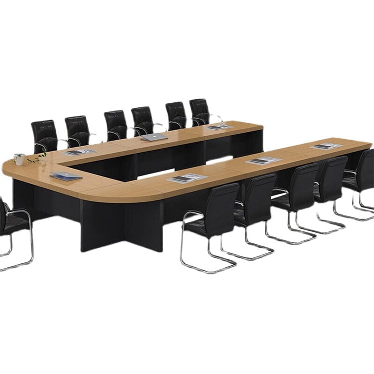Large conference table, negotiation table, wood grain finish, customizable, rounded corner design, with back panel, available in black, white, and brown, Model MT-A29