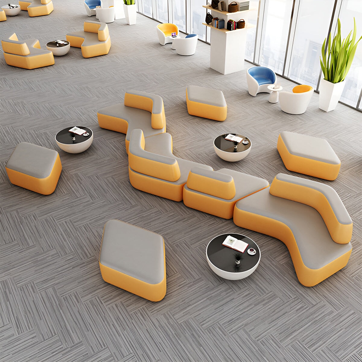 受付ソファー 応接ソファー 待合室ソファー 休憩室ソファー バイカラーデザイン PVCレザー 天然木フレーム 高密度ウレタンフォーム 組み換え自由 シンプルモダン イエロー カスタマイズ可能 OS-A8