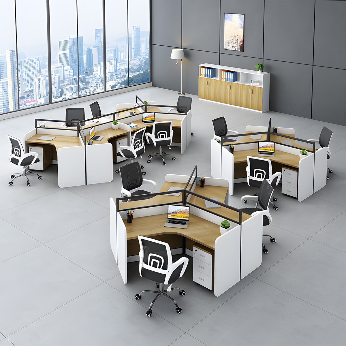 時尚辦公桌,可容納多人,V 型桌面帶隔間,三聚氰胺貼面,鋁合金框架,帶走線孔,楓木白,可定制,OD-A3
