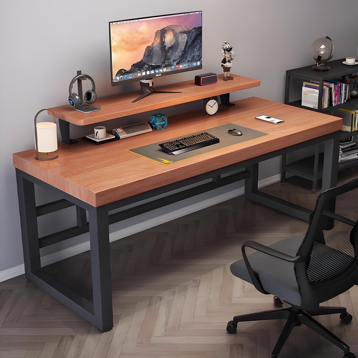 デスク インドア 室内 パソコンデスク 天然木 広い天板 分厚い モニター置き棚 炭素鋼フレーム 頑丈 口字型 安定性 落ち着き 重厚感 カスタマイズ可能 CD-A14