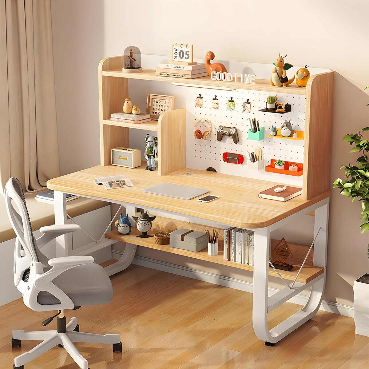 デスク 室内 インドアデスク 学習机 パソコンデスク 収納棚 有孔ボード 厚み R仕上げ 広い天板 配線穴キャップ スチールフレーム U字型 安定性 簡素 実用 CD-A16