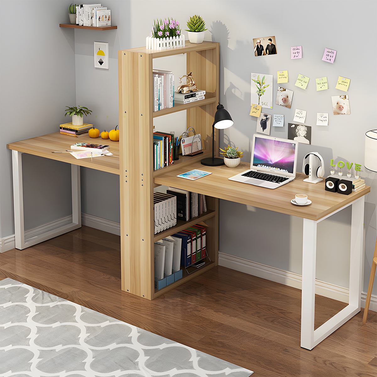 デスク インドアデスク パソコンデスク 二人用 収納棚付き 広い天板 厚み スチールフレーム 滑り止めパッド シンプル ナチュラル カスタマイズ可能 CD-A17