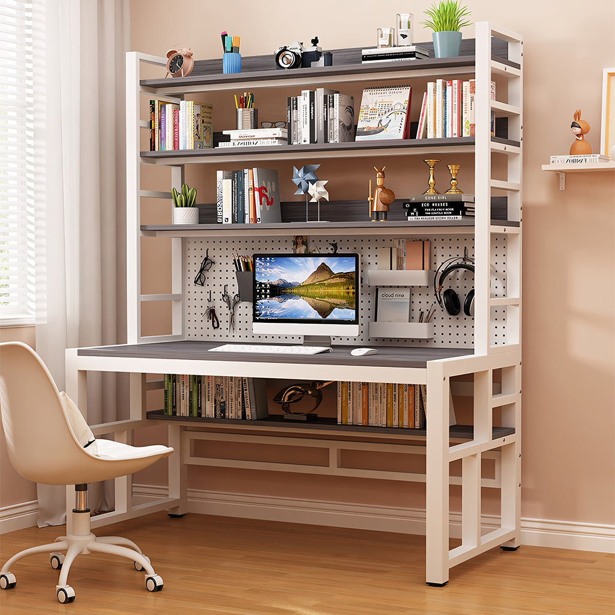 デスク 室内 ワークデスク パソコンデスク 作業用 エコ板材 耐水性 耐熱性 補強フレーム 穴あきボード 収納棚 多段式 転び止め 滑り止め シンプル 実用的 簡素 CD-A18