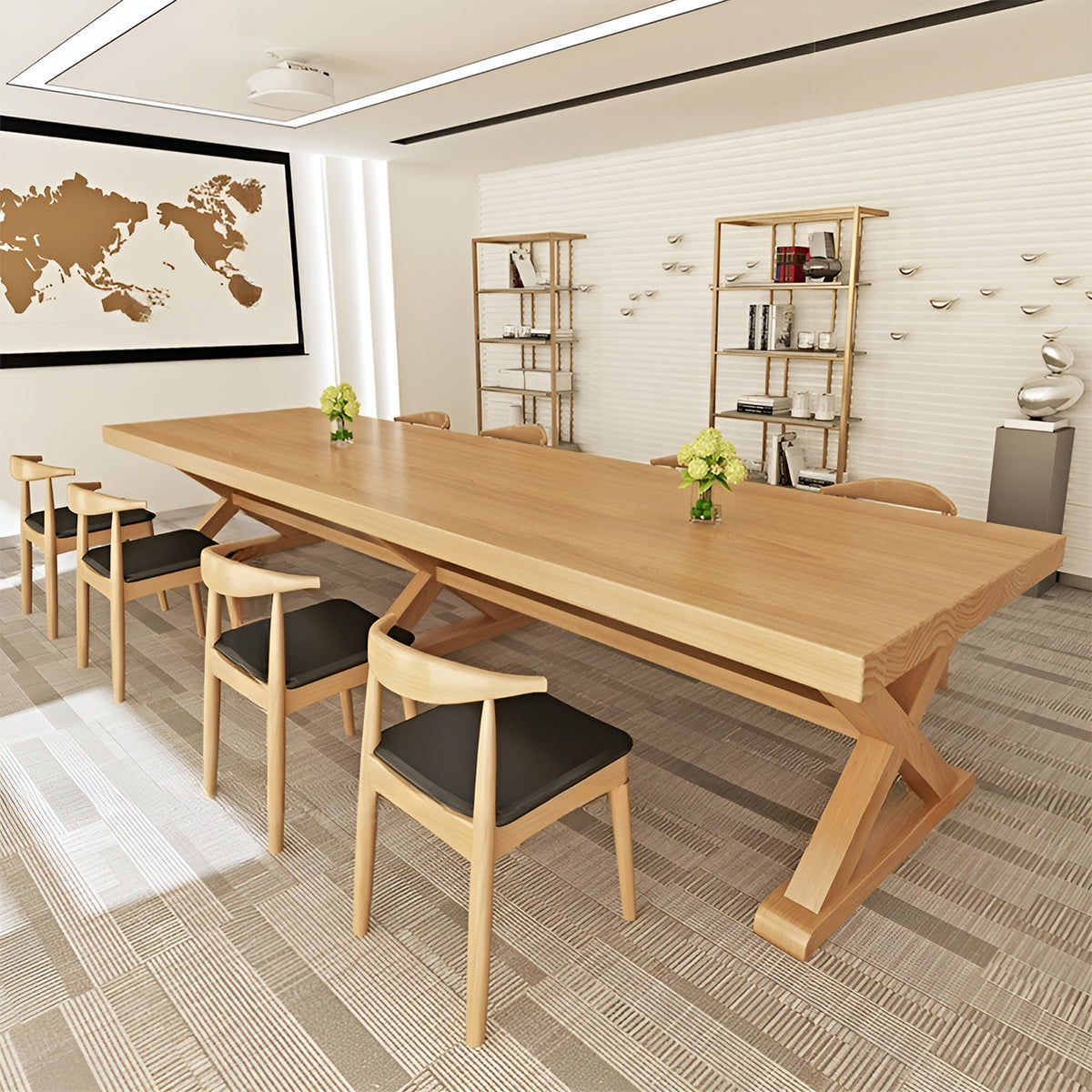 Conference table, negotiation table, business meeting table, wood grain finish, natural pine, triangular legs, minimalist, natural, customizable, MT-A33