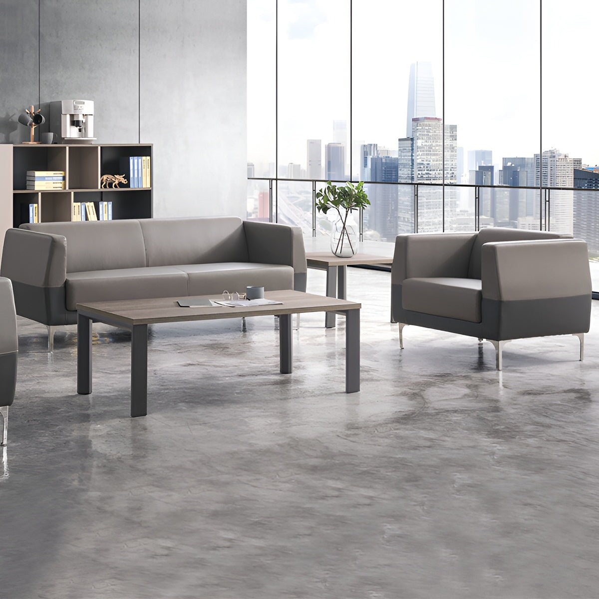 応接ソファー リビングソファー レザーソファー 応接セット 木目調 PVCレザー生地 高密度ウレタンフォーム 天然木フレーム 広い天板 ステンレス鋼 シンプルモダン ブラック ブラウン OS-A1