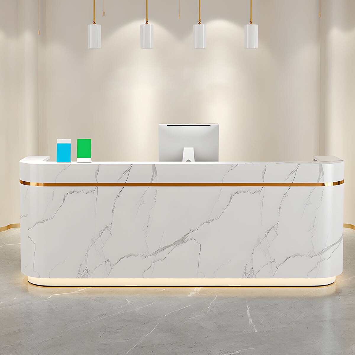 接待櫃檯,入口接待台,大理石,帶鎖,抽屜,LED燈,分類收納,簡約設計,白色,可定制,JDT-M-119