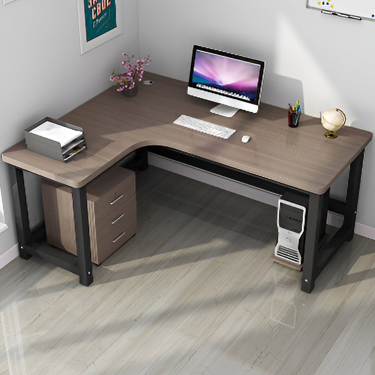 L字型天板 広め ゆとり 配線孔 スチールフレーム 安定性 メラミン化粧板 頑丈 R仕上げ デスク パソコンデスク 作業用 シンプル 実用 モダン ウォールナット ブラック CD-A19