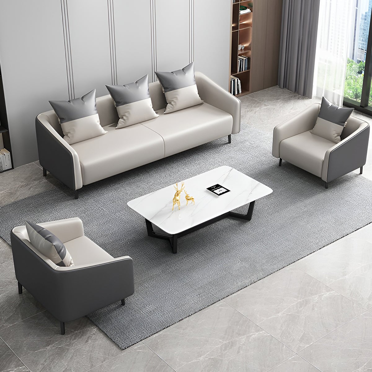 レザーソファー オフィスソファー リビングソファー ソファー 天然木フレーム ナッパレザー生地 高密度ウレタンフォーム シンプルモダン ホワイト グレー OS-A11