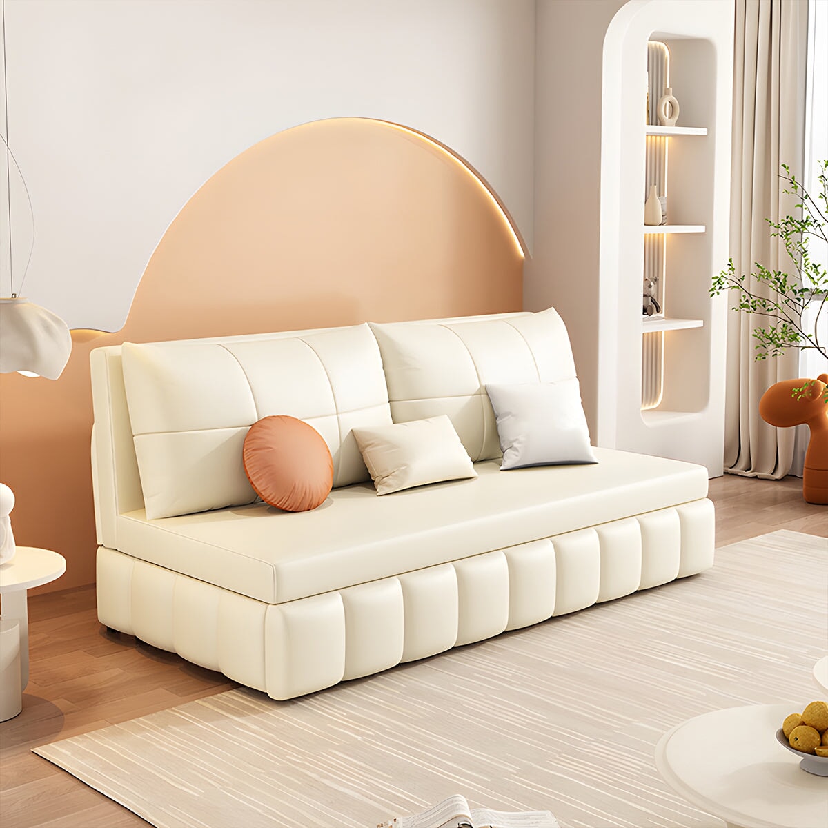 リビングベッドソファー ソファー ポリエステル生地 高密度ウレタンフォーム ラテックスクッション 収納チェスト付き 展開可能 ベージュ SF-A16