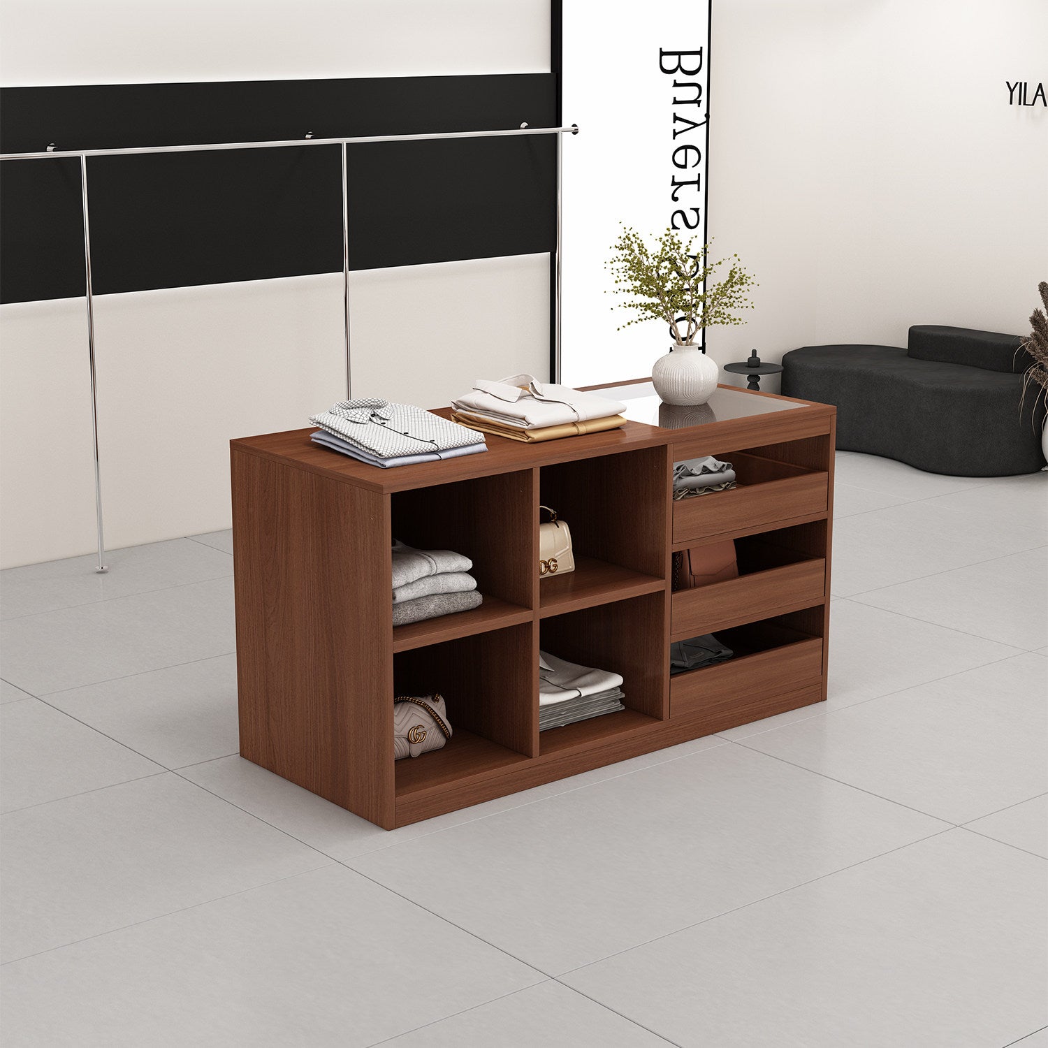 Apparel store display island, women's clothing store with glass decorative counter, display for ornaments and accessories, storage cabinet, bar table ZDT-A02