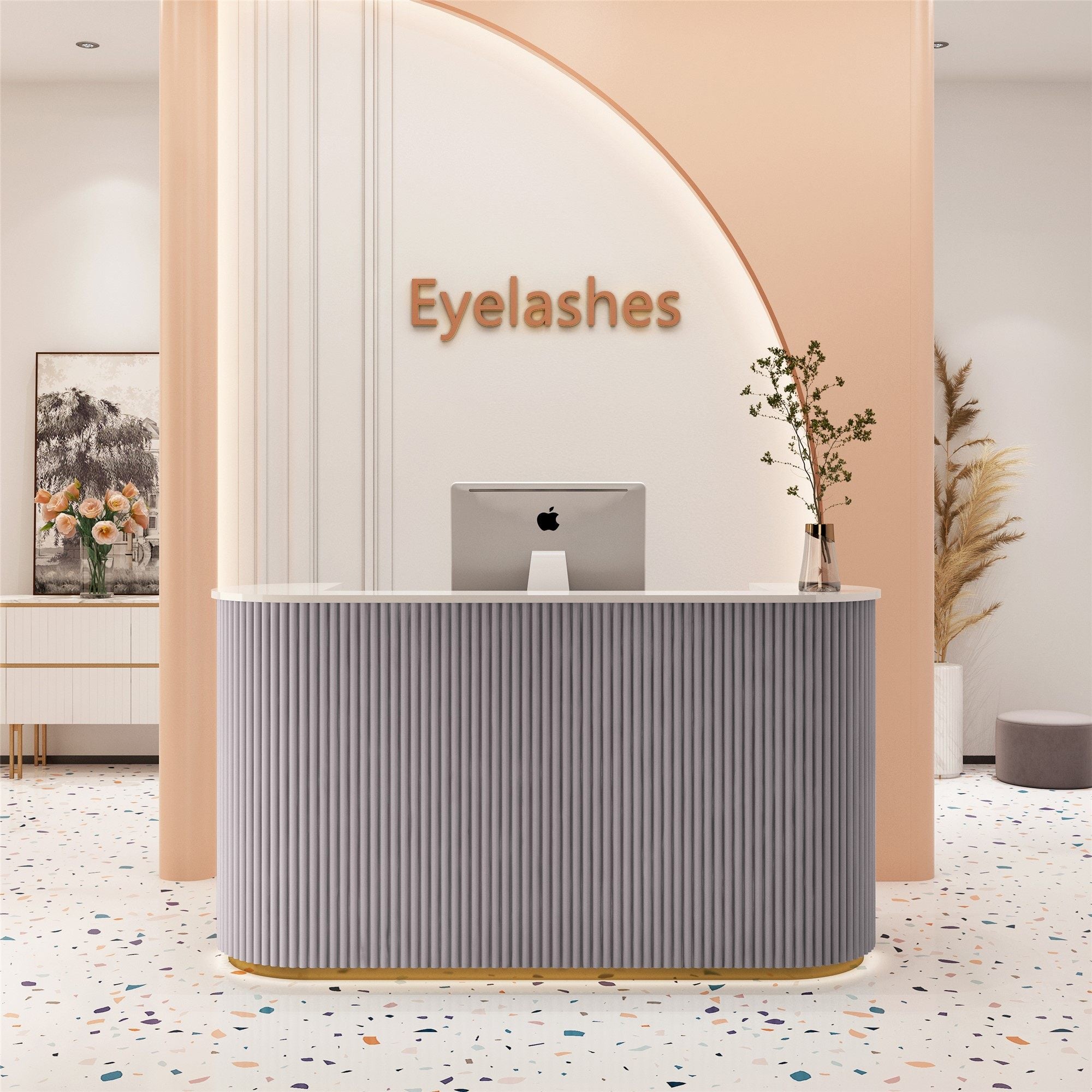 資訊櫃檯、接待台、收銀台、緊湊型、高檔、R 型表面、LED 燈帶、帶頂板、深綠色、可自訂、RD-A52