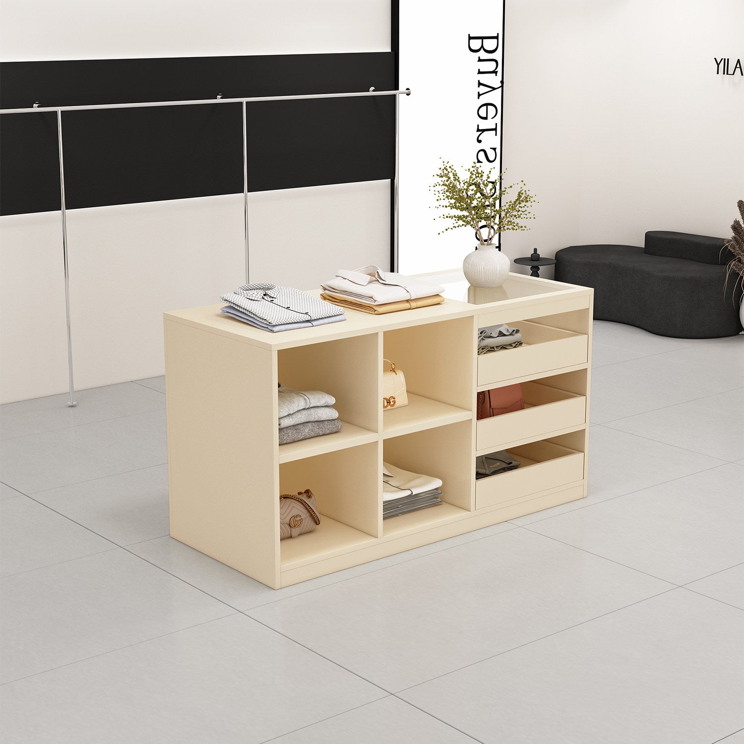 Apparel store display island, women's clothing store with glass decorative counter, display for ornaments and accessories, storage cabinet, bar table ZDT-A02