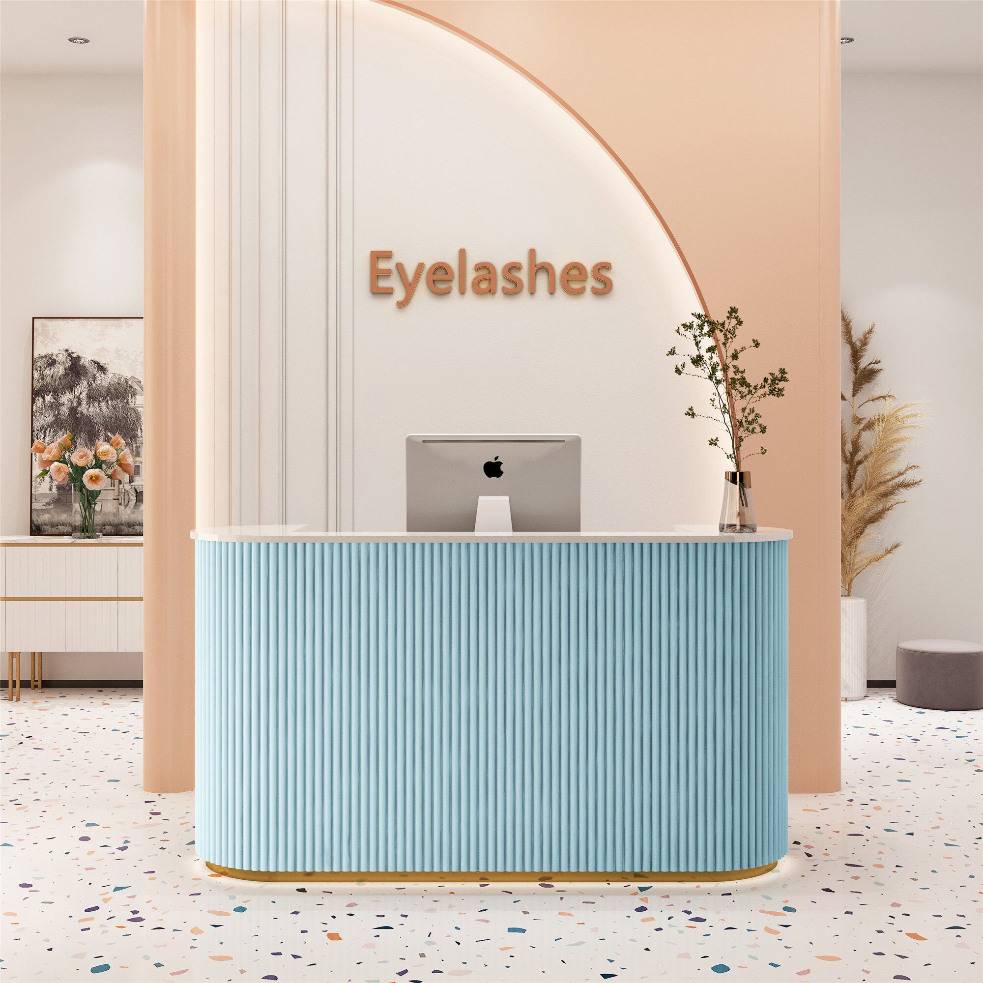 資訊櫃檯、接待台、收銀台、緊湊型、高檔、R 型表面、LED 燈帶、帶頂板、深綠色、可自訂、RD-A52