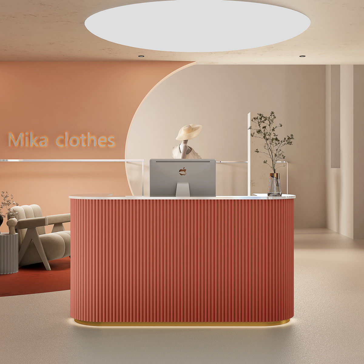 資訊櫃檯、接待台、收銀台、緊湊型、高檔、R 型表面、LED 燈帶、帶頂板、深綠色、可自訂、RD-A52