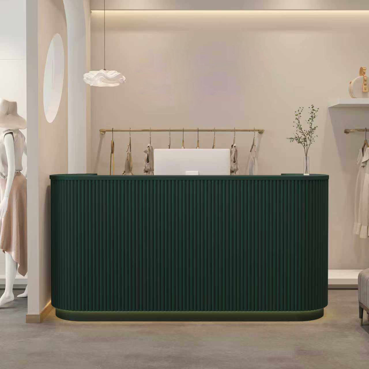 資訊櫃檯、接待台、收銀台、緊湊型、高檔、R 型表面、LED 燈帶、帶頂板、深綠色、可自訂、RD-A52