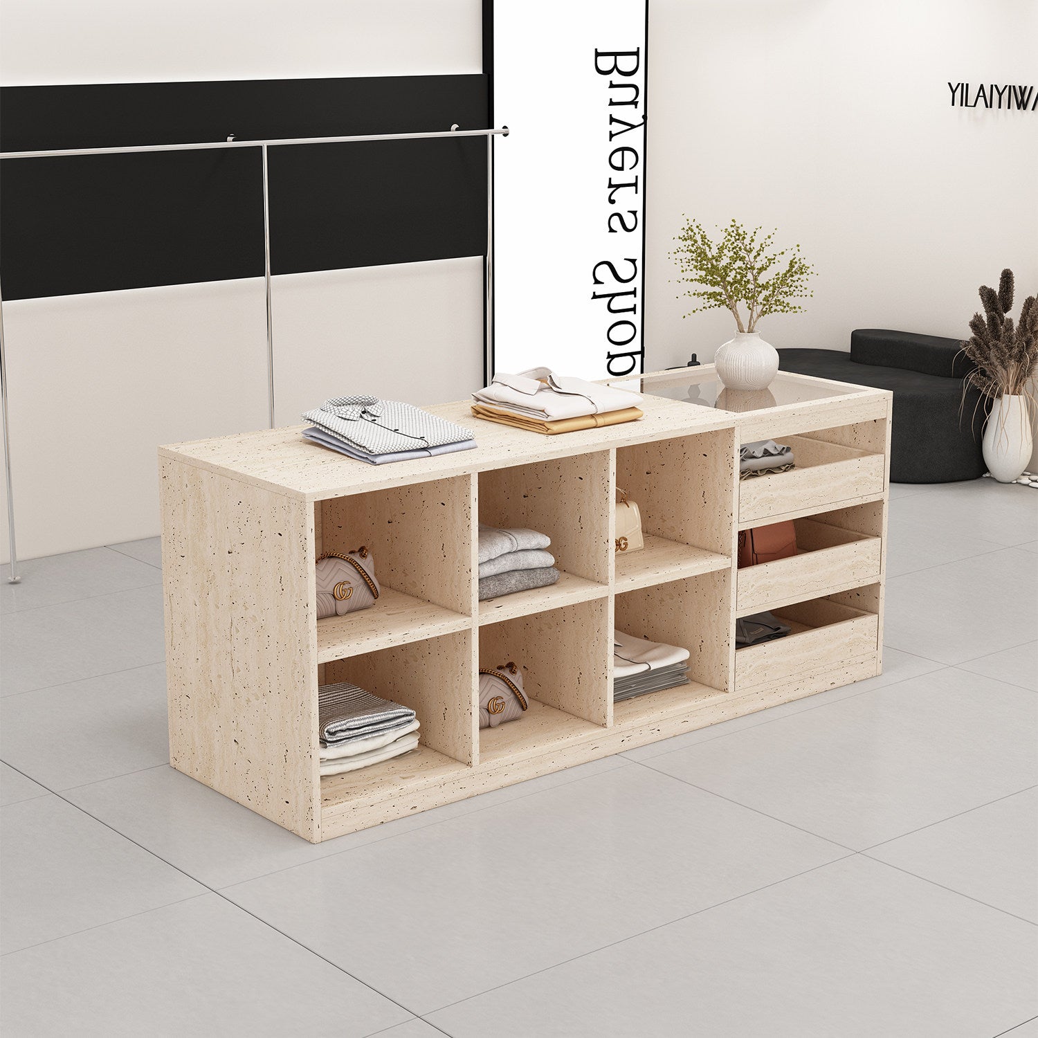 Apparel store display island, women's clothing store with glass decorative counter, display for ornaments and accessories, storage cabinet, bar table ZDT-A02