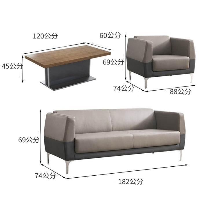 接待沙發、客廳沙發、皮革沙發、接待套裝、木紋飾面、PVC皮革面料、高密度聚氨酯泡棉、天然木框架、寬桌面、不銹鋼材質、簡約現代設計、黑色、棕色、OS-A1