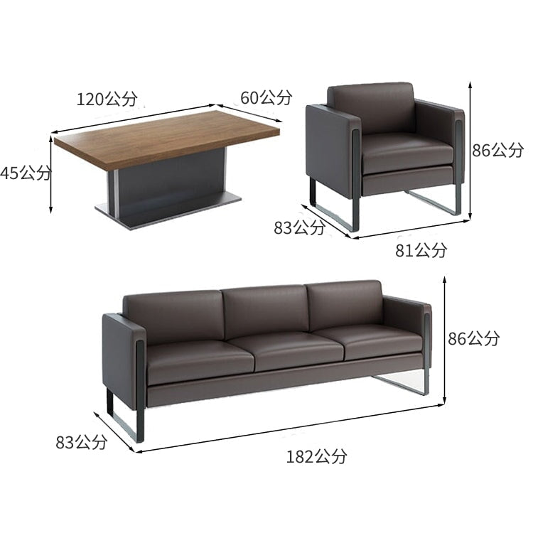 接待沙發、客廳沙發、皮革沙發、接待套裝、木紋飾面、PVC皮革面料、高密度聚氨酯泡棉、天然木框架、寬桌面、不銹鋼材質、簡約現代設計、黑色、棕色、OS-A1