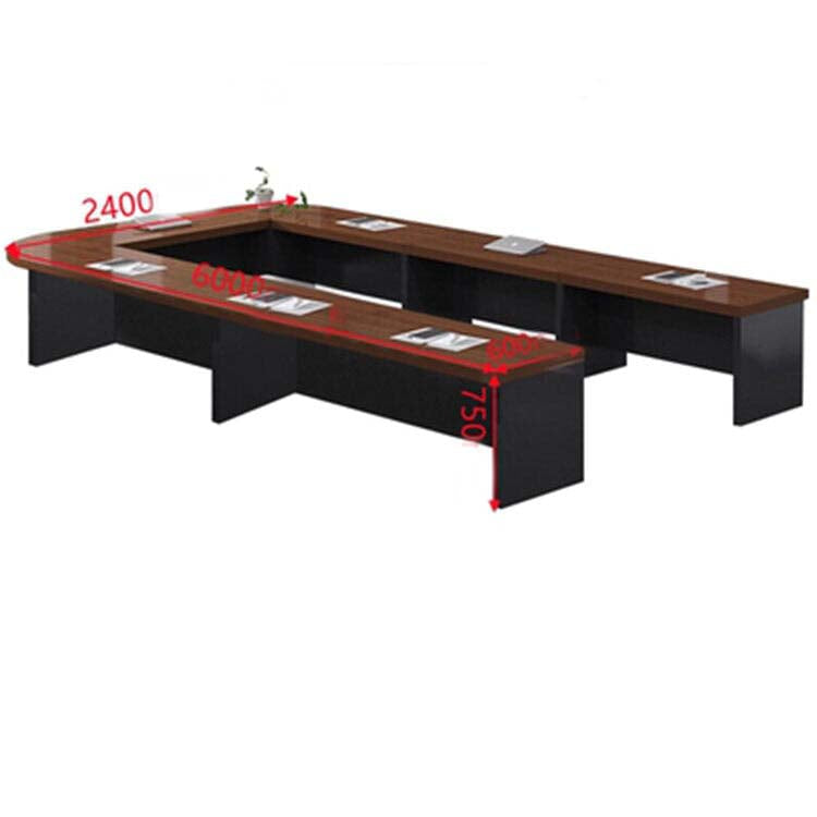 Large conference table, negotiation table, wood grain finish, customizable, rounded corner design, with back panel, available in black, white, and brown, Model MT-A29