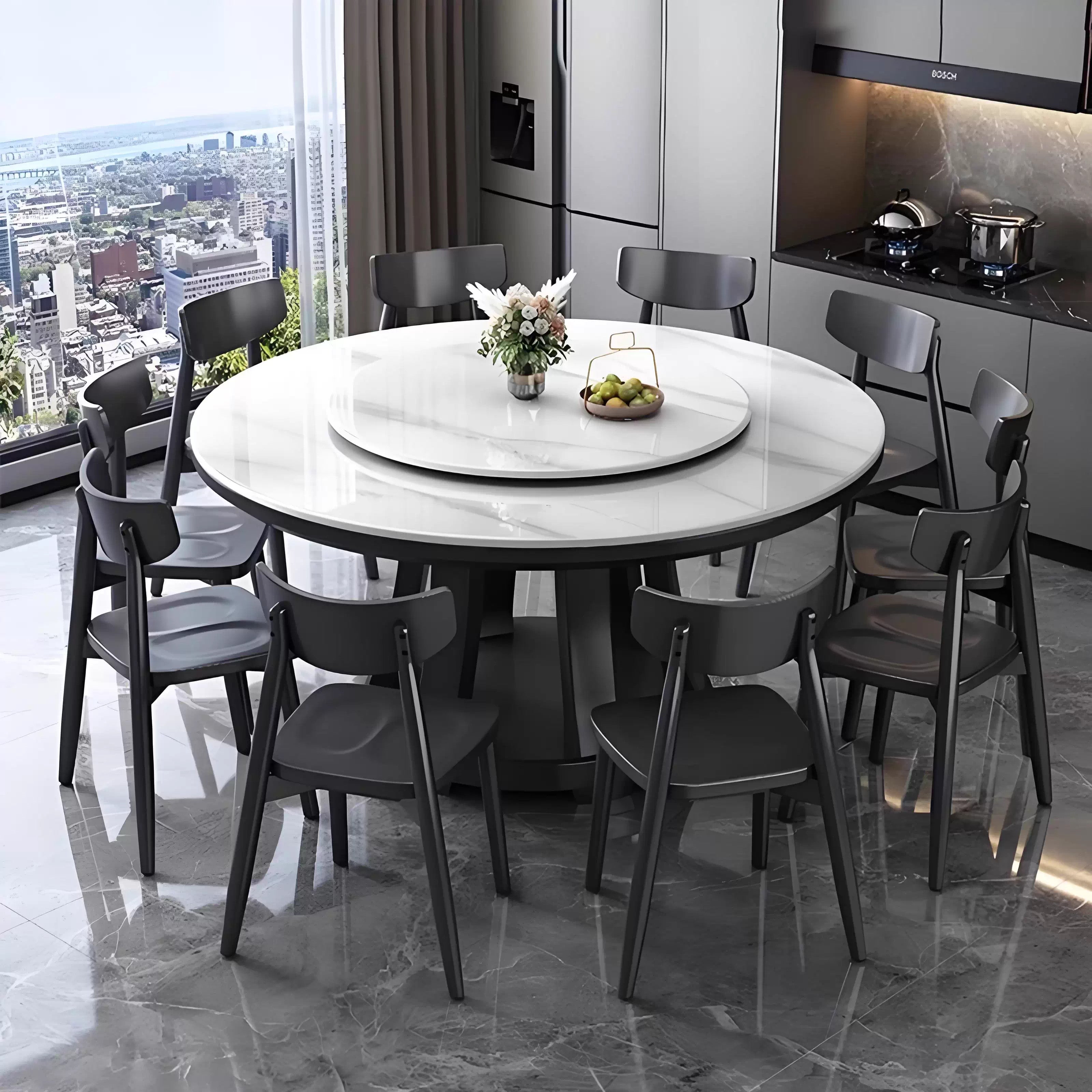 Light Luxury Sintered Stone Dining Table and Chairs Set, Modern Minimalist Small Apartment Household Dining Table, Round with Turntable, Solid Wood Large Round Table MT-A26