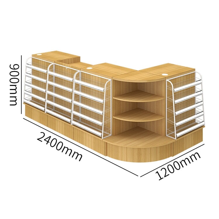 帶展示架的櫃檯、接待台、收銀台、產品展示台，適用於商店，高密度纖維板，經久耐用，提高空間利用率，L形頂部，抽屜，帶鎖，圓柱鎖，自然色，可定制，RD-A9