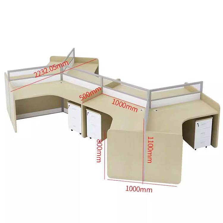 時尚辦公桌，可容納多人，V 型桌面帶隔間，三聚氰胺貼面，鋁合金框架，帶走線孔，楓木白，可定制，OD-A3