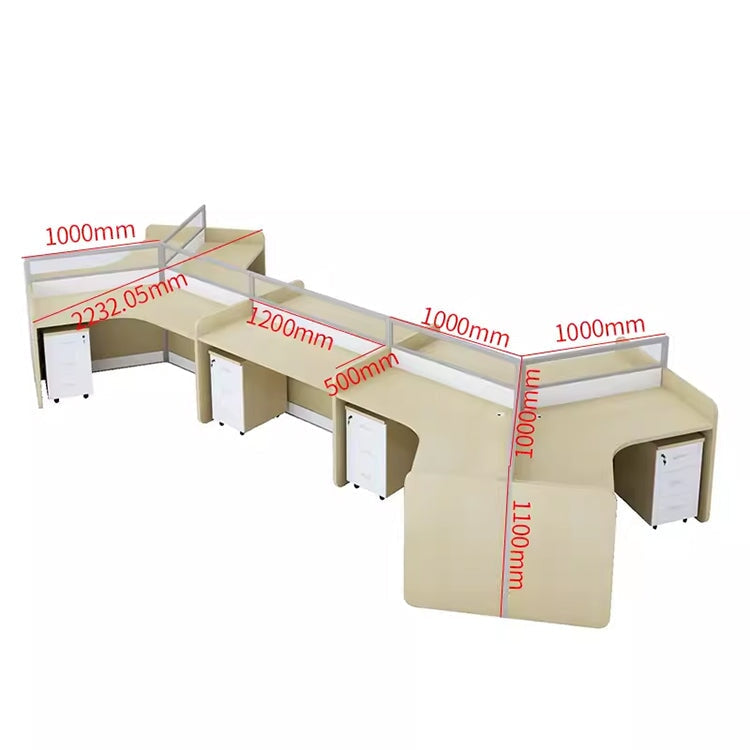 時尚辦公桌，可容納多人，V 型桌面帶隔間，三聚氰胺貼面，鋁合金框架，帶走線孔，楓木白，可定制，OD-A3