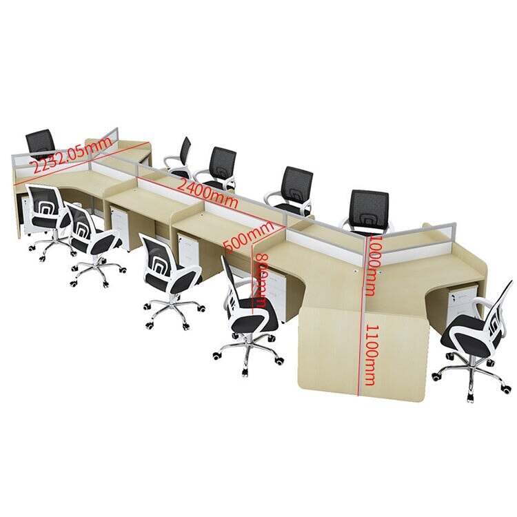 時尚辦公桌，可容納多人，V 型桌面帶隔間，三聚氰胺貼面，鋁合金框架，帶走線孔，楓木白，可定制，OD-A3