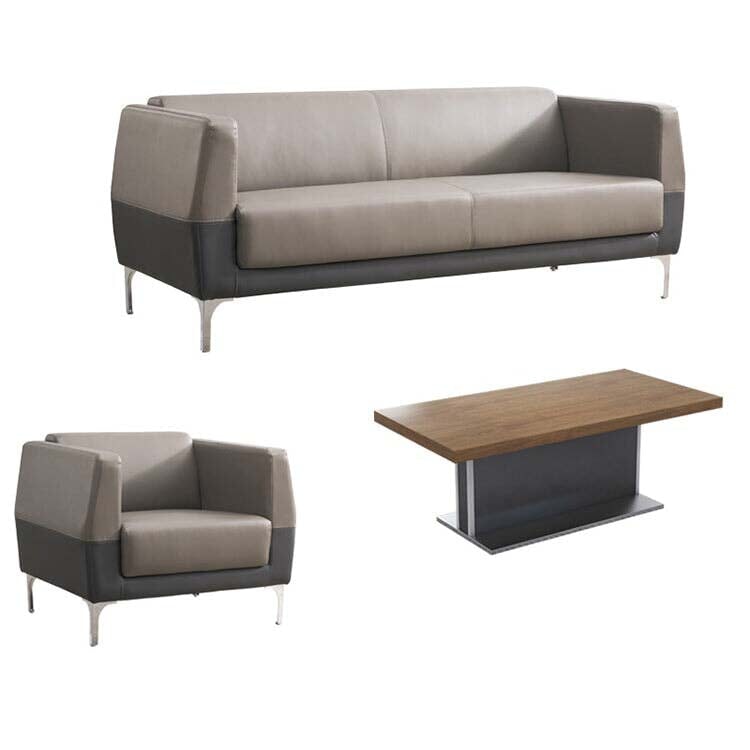 接待沙發、客廳沙發、皮革沙發、接待套裝、木紋飾面、PVC皮革面料、高密度聚氨酯泡棉、天然木框架、寬桌面、不銹鋼材質、簡約現代設計、黑色、棕色、OS-A1