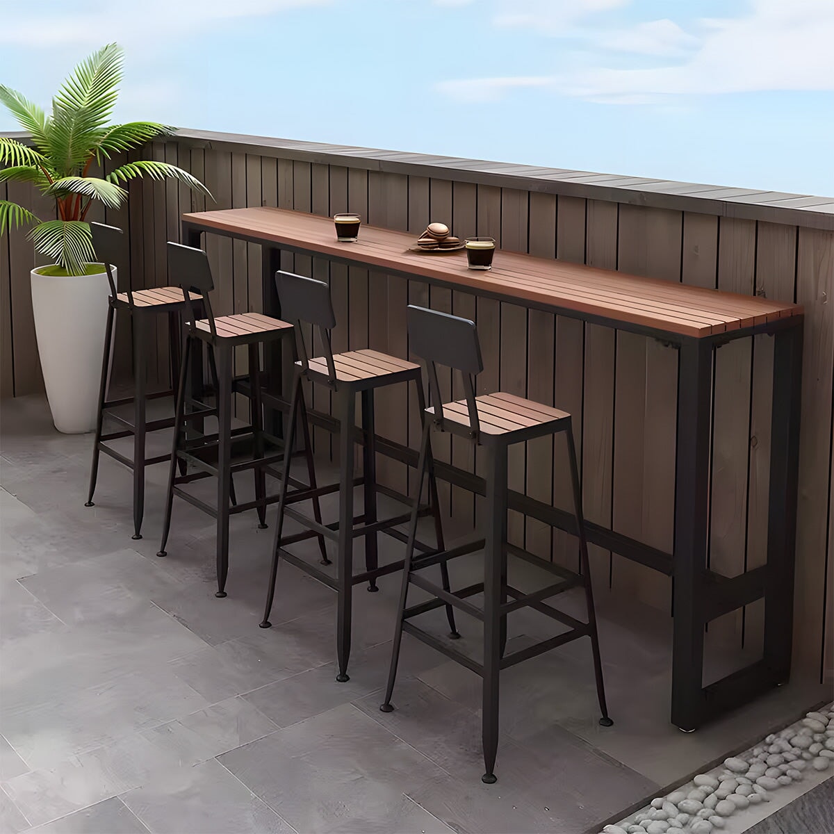 カウンターテーブル・チェアセット　スチールフレーム　ウッドプラスチック　耐候性　ガーデン家具　屋外使用可　店舗用家具　店舗用什器　ブラック　カスタマイズ可能　BT-A18