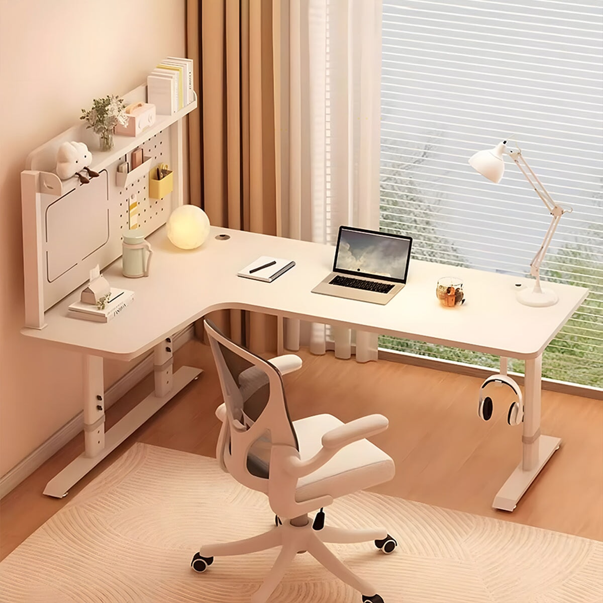 デスク　インドア　Ｌ字型　広い天板　昇降可能　ダブル配線穴キャップ　収納棚　有孔ボード　スチールフレーム　角丸加工　安定性　丈夫　シンプル　使い勝手　CD-A15
