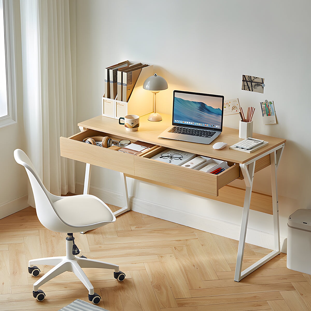 デスク　収納棚　ラック　シェルフ　引き出し　メラミン化粧板　スチール　コンパクト　ナチュラル　ホワイト　シンプル　CD-A4