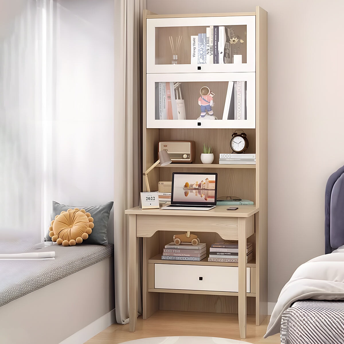 デスク　ユニットデスク　おしゃれ　折りたたみ式　コンパクト　省スペース　強化ガラス張り　上開き扉　扉付き収納　収納ラック　配線孔　ホワイト　CD-A9