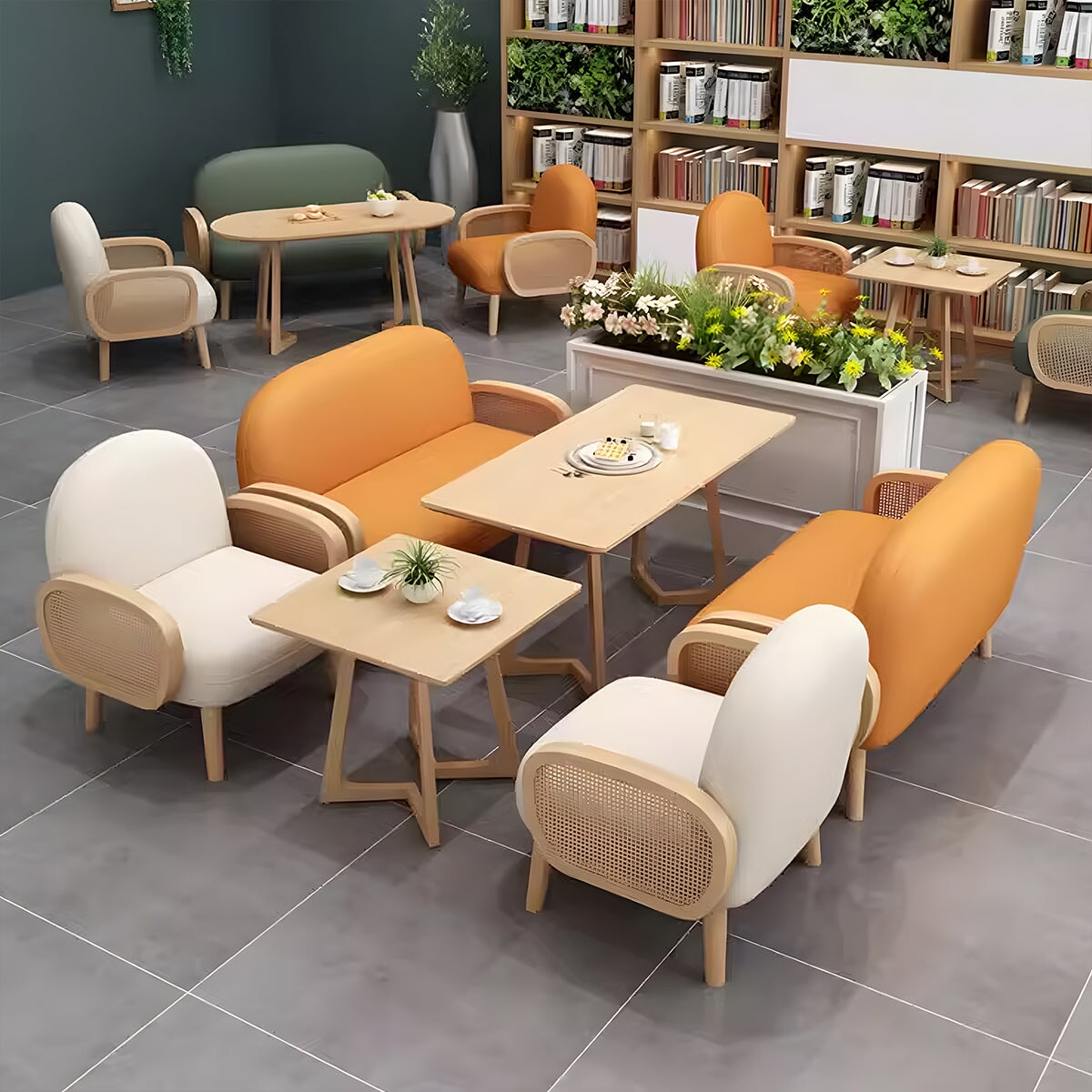 ソファテーブルセット　ダイニングテーブル　レストラン向け　木目調　ナッパレザー生地　高密度ウレタンフォーム　ホワイト　カスタマイズ可能　CT-A18