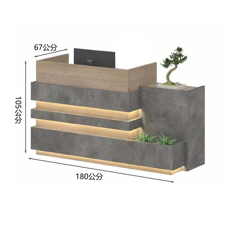功能性櫃檯，適用於辦公室接待或入口接待。大理石紋，帶接線孔，鎖，LED燈，時尚胡桃木飾面。 JDT-M-117