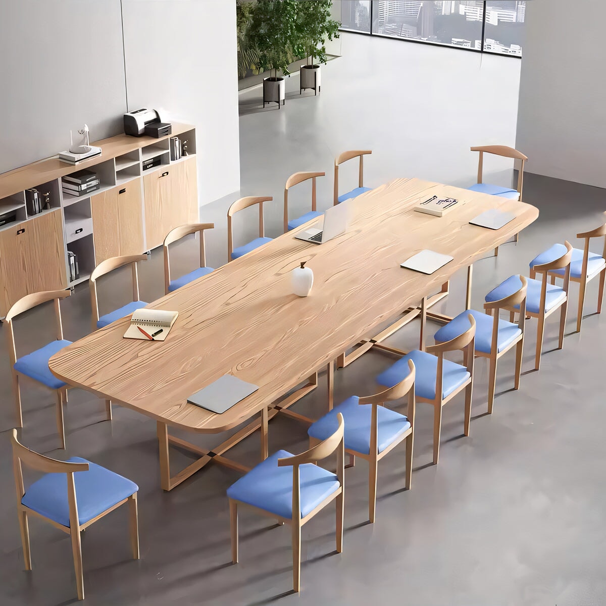 Conference tables, negotiation tables, natural style, veneered tabletops, workspaces, eco-friendly materials, high-density fiberboard, PVC leather fabric, white, customizable, MT-A35