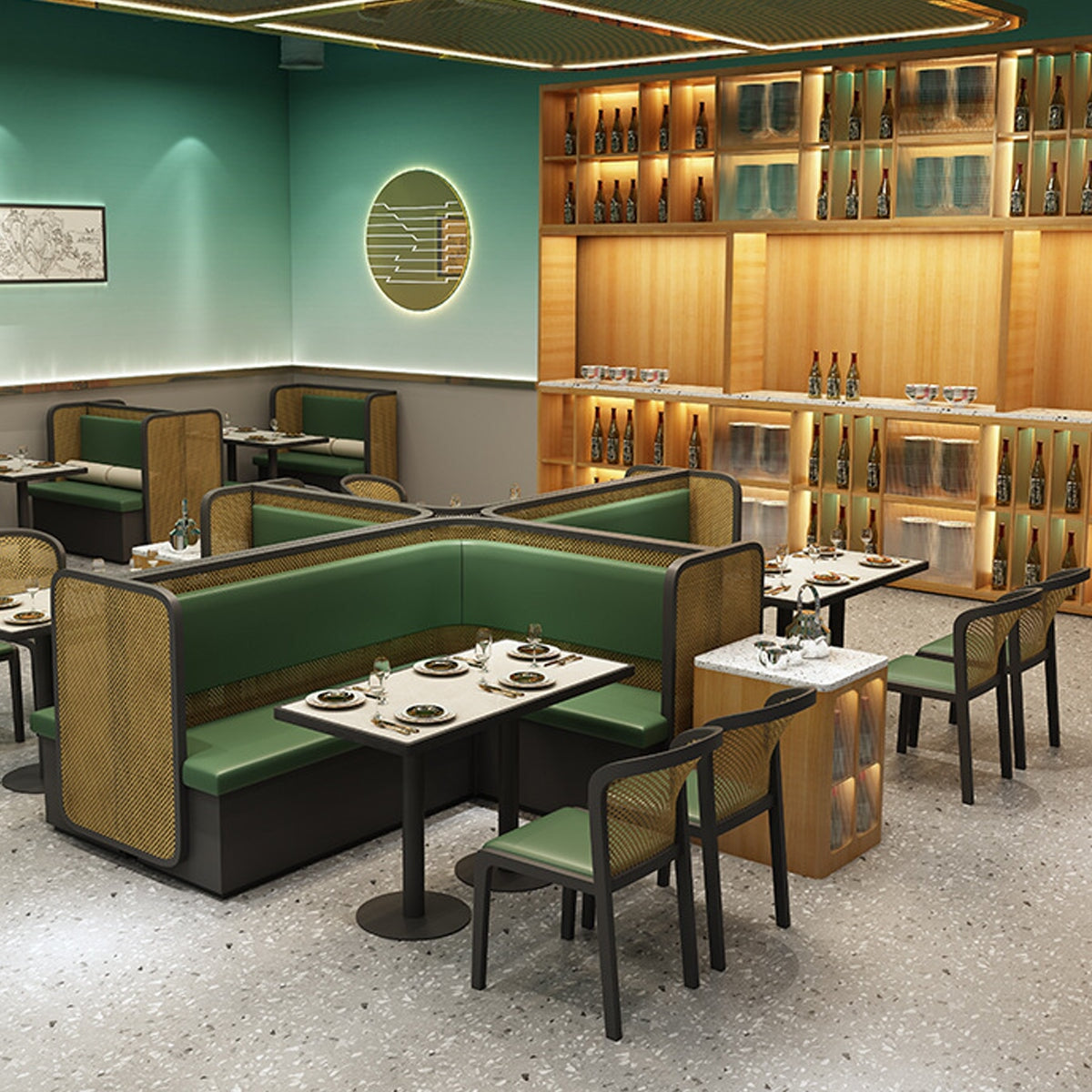 レストラン応接ソファセット　PVCレザー生地　高密度ウレタンフォーム　アンティーク調　店舗用什器　飲食店　グリーン　カスタマイズ可能　CT-A17